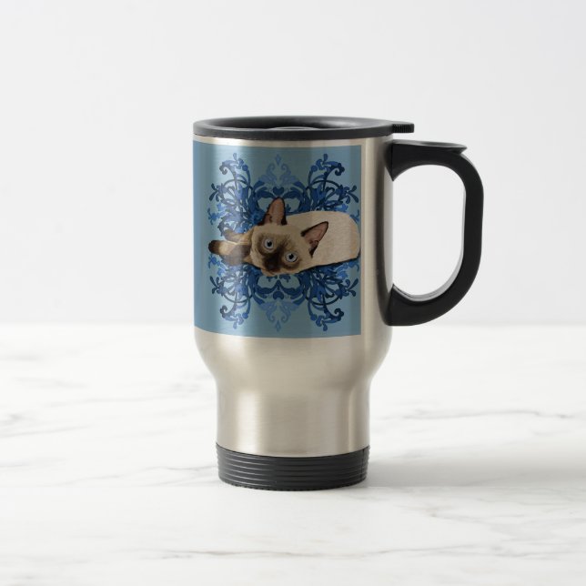 Elegant Blue Floral Siamese Cat Pretty Feline Travel Mug (Right)