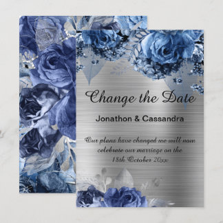 ELEGANT BLUE FLORAL SILVER  BORDER CHANGE THE DATE