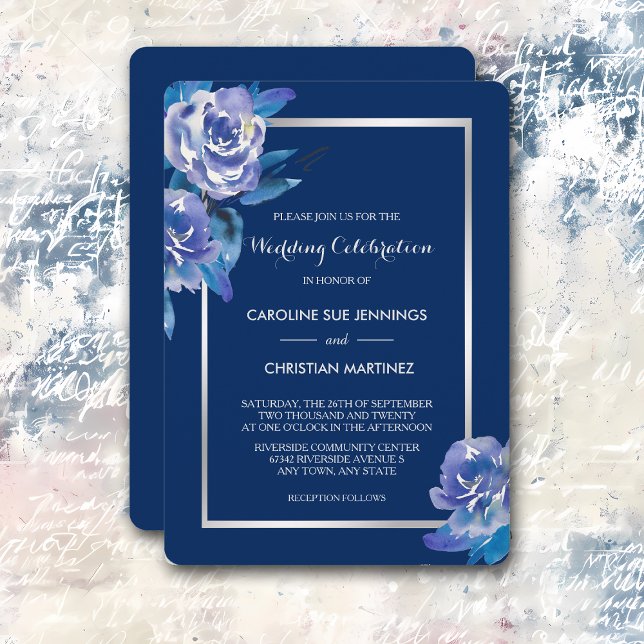 Elegant Blue Floral Silver Rose Wedding Invitation (Creator Uploaded)