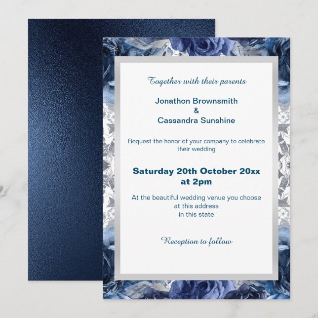 ELEGANT BLUE FLORAL SILVER TRIM WEDDING INVITATION (Front/Back)