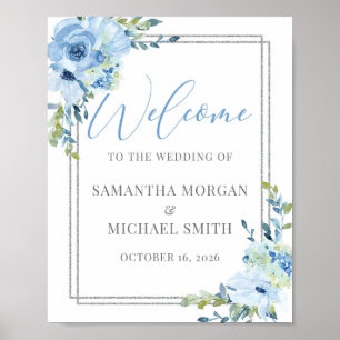 Elegant blue floral silver wedding welcome sign