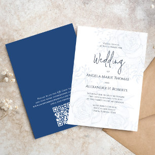Elegant Blue Floral Simple Classic Blue   QR Code  Invitation
