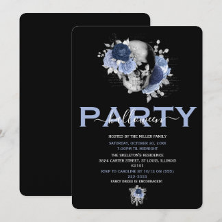 Elegant Blue Floral Skull Adult Halloween Party Invitation