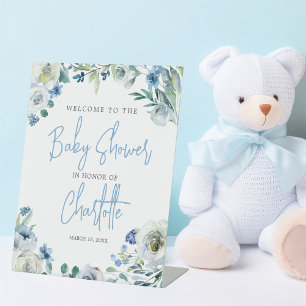 Elegant Blue Floral Spring Baby Shower Welcome Pedestal Sign