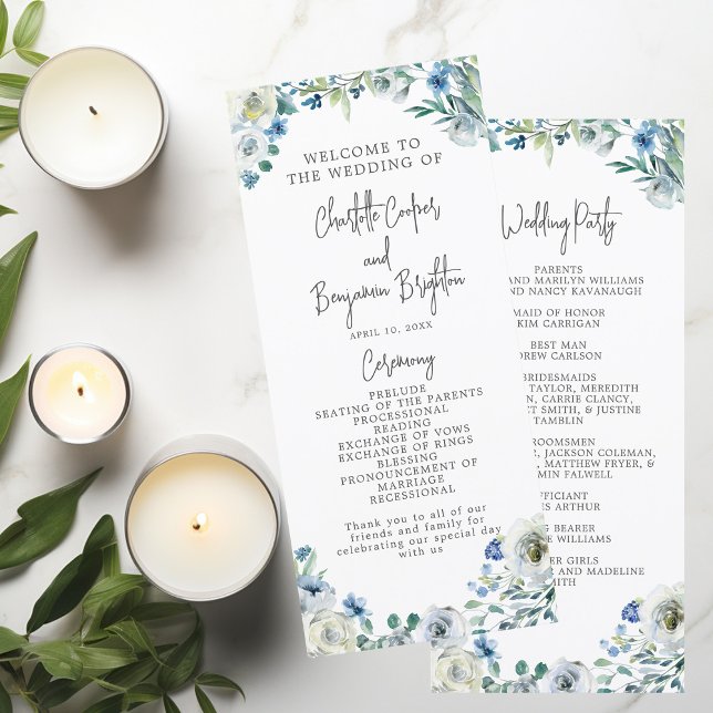 Elegant Blue Floral Spring Garden Wedding Program (Creator Uploaded)