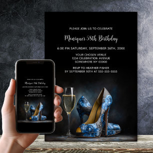 Elegant Blue Floral Stiletto Shoes Birthday Party Invitation