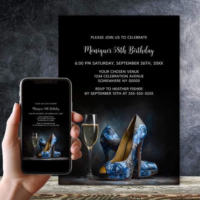 Elegant Blue Floral Stiletto Shoes Birthday Party Invitation (Creator Uploaded)