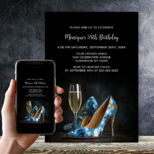 Elegant Blue Floral Stiletto Shoes Birthday Party Invitation
