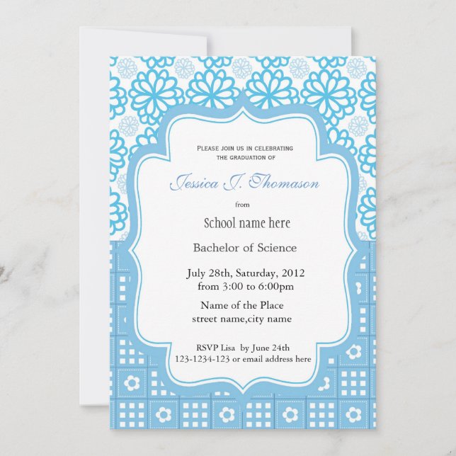 Elegant blue floral summer graduation party invitation (Front)