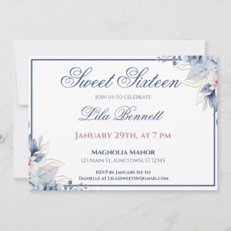 Elegant Blue Floral Sweet 16 Invitation