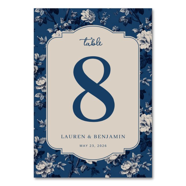 Elegant Blue Floral Table Number (Front)