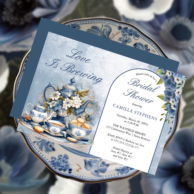 Elegant Blue Floral Tea Set Bridal Shower Tea  Invitation (Elegant Blue Floral Teacup Bridal Shower Tea Landscape Invitation)