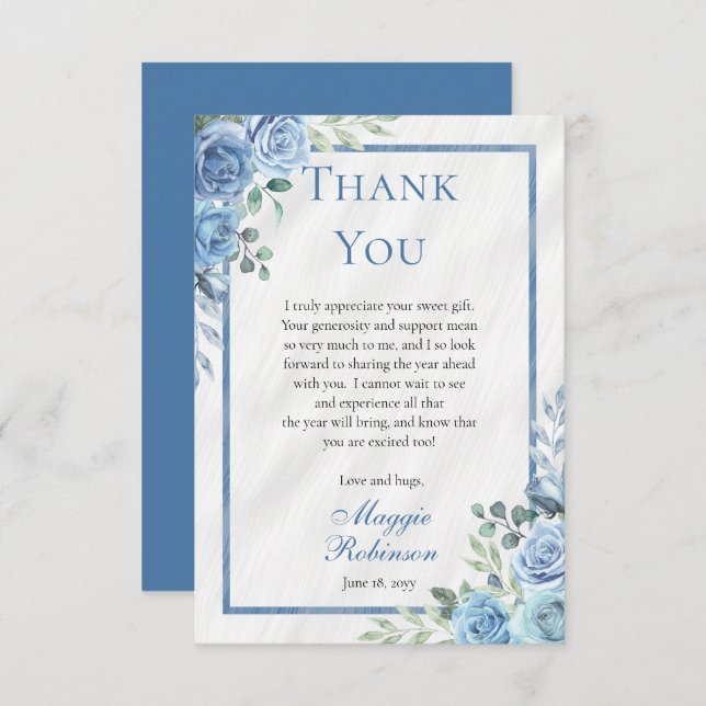 Elegant Blue Floral Thank You Card (Front/Back)