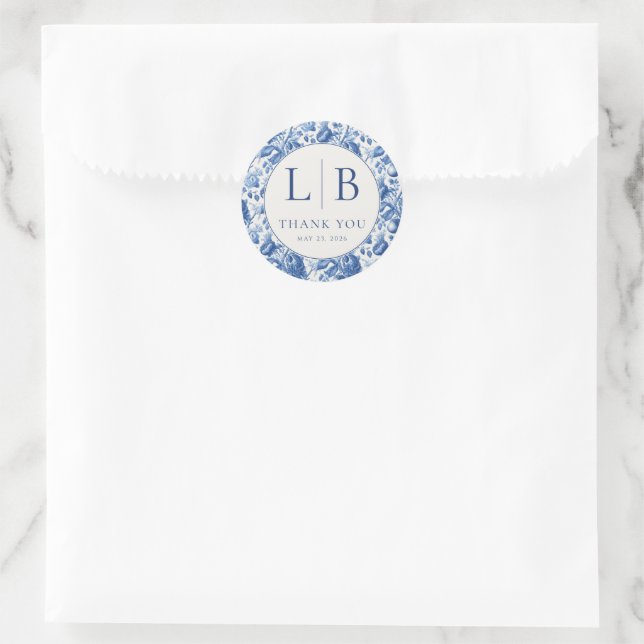 Elegant Blue Floral Thank You Card Classic Round Sticker (Bag)