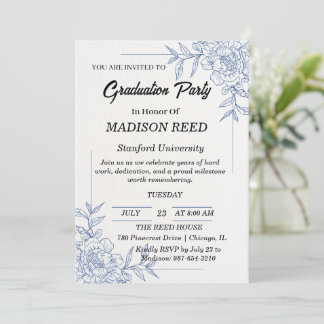 Elegant Blue Floral Traditional Graduation Party Invitation