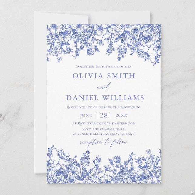 Elegant Blue Floral Vintage Botanical Wedding Invitation (Front)