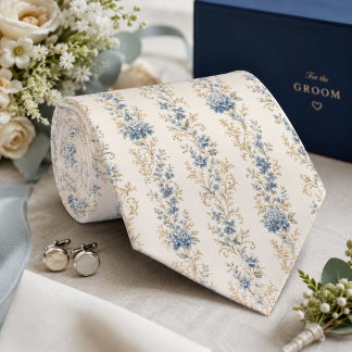 Elegant Blue Floral Vintage Botanical Wedding Tie