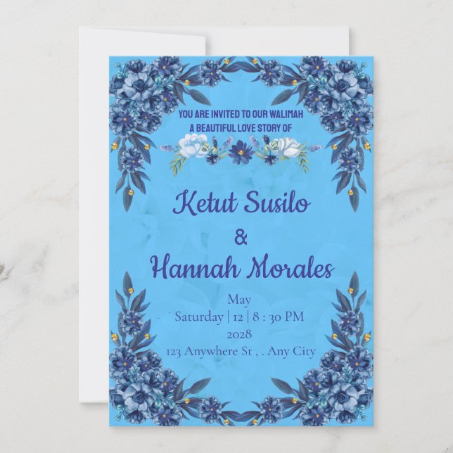 Elegant Blue Floral Walimah Invitation (Front)