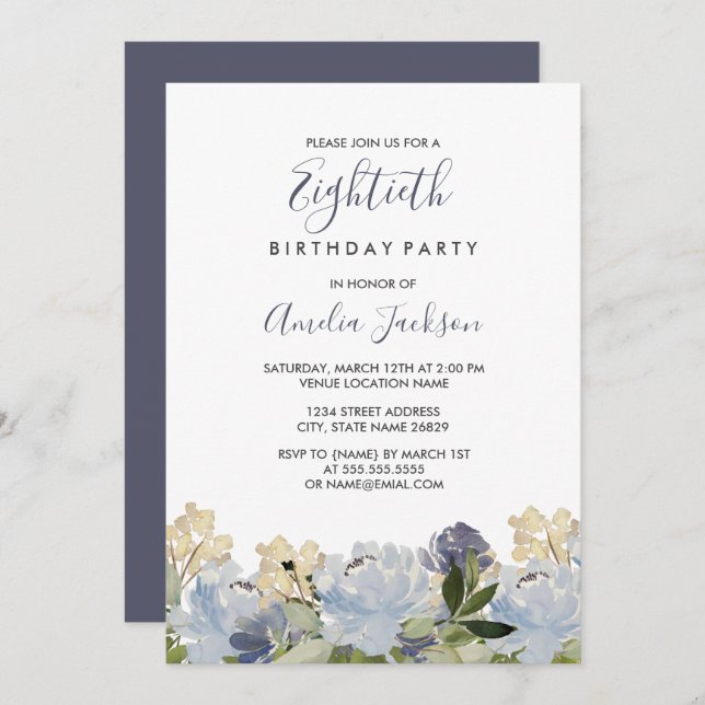 Elegant Blue Floral Watercolor 80th Birthday Invitation (Front/Back)