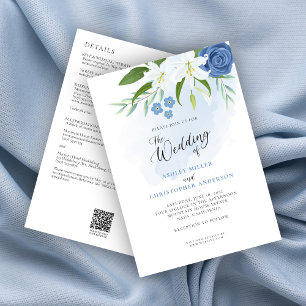 Elegant Blue Floral Watercolor All-in-One Wedding Invitation