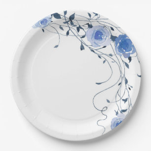 Elegant Blue Floral Watercolor Paper Dinner Plates