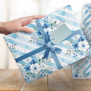 Elegant Blue Floral Watercolor Pattern Wrapping Paper