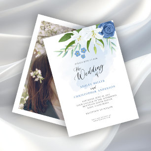 Elegant Blue Floral Watercolor Photo Invitation