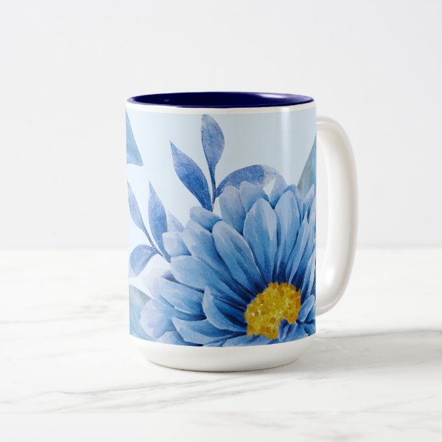 Elegant Blue Floral Watercolor Two-Tone Coffee Mug (Front Right)