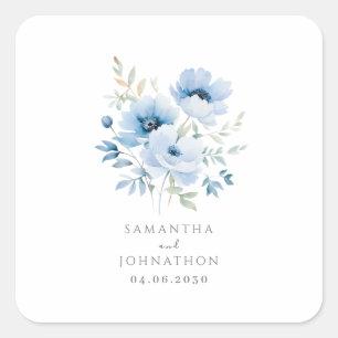 Elegant Blue Floral Watercolor Wedding Square Sticker