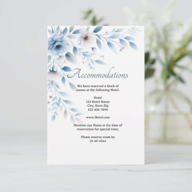 Elegant Blue Floral Wedding Accommodation  Enclosure Card (Standing Front)