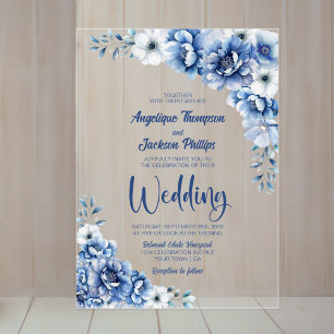 Elegant Blue Floral Wedding Acrylic Invitations