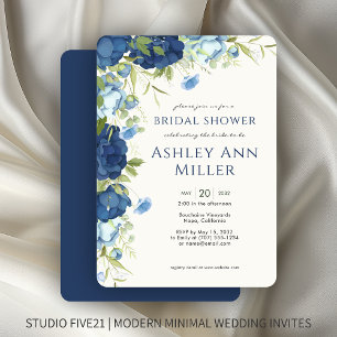 Elegant Blue Floral Wedding Bridal Shower Invitation