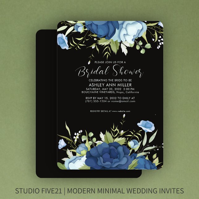 Elegant Blue Floral Wedding Bridal Shower Invitation (Creator Uploaded)