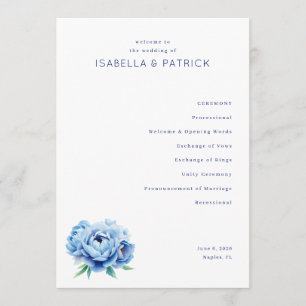 Elegant Blue Floral Wedding Ceremony Program Programme