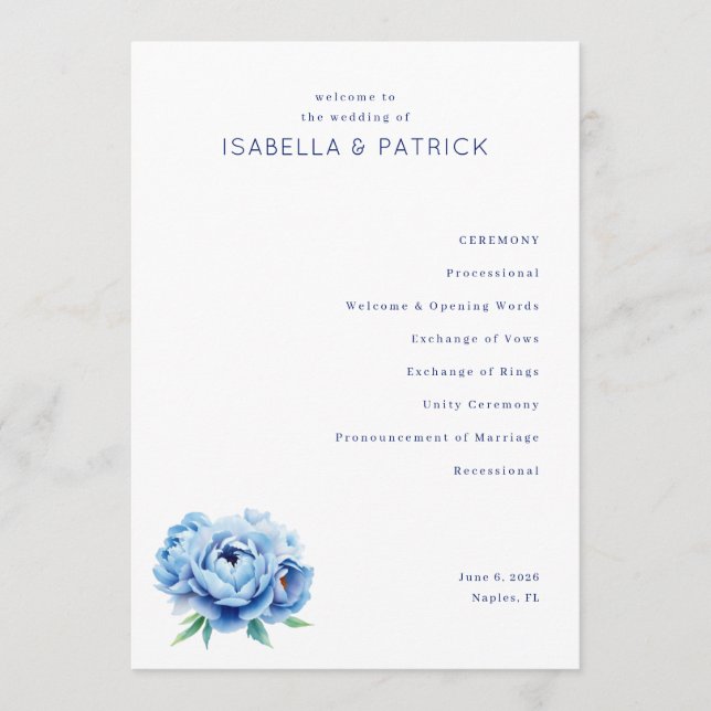 Elegant Blue Floral Wedding Ceremony Program Programme (Front)