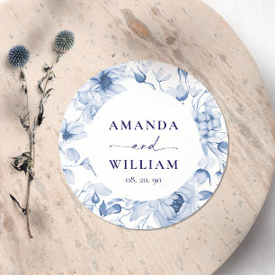 Elegant Blue Floral Wedding Classic Round Sticker