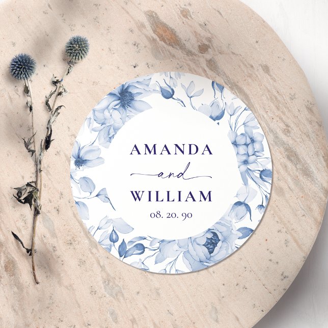 Elegant Blue Floral Wedding Classic Round Sticker (Creator Uploaded)