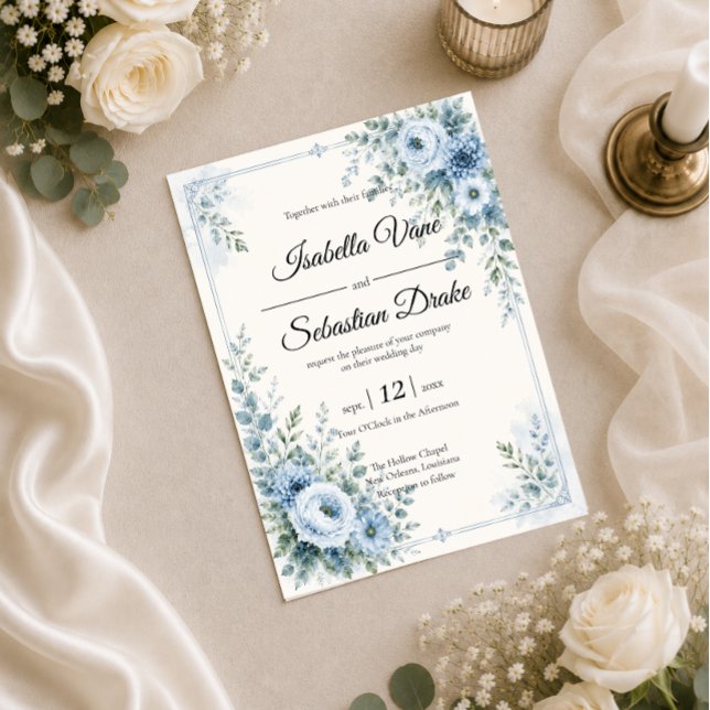 Elegant Blue Floral Wedding Design Invitation (Creator Uploaded)