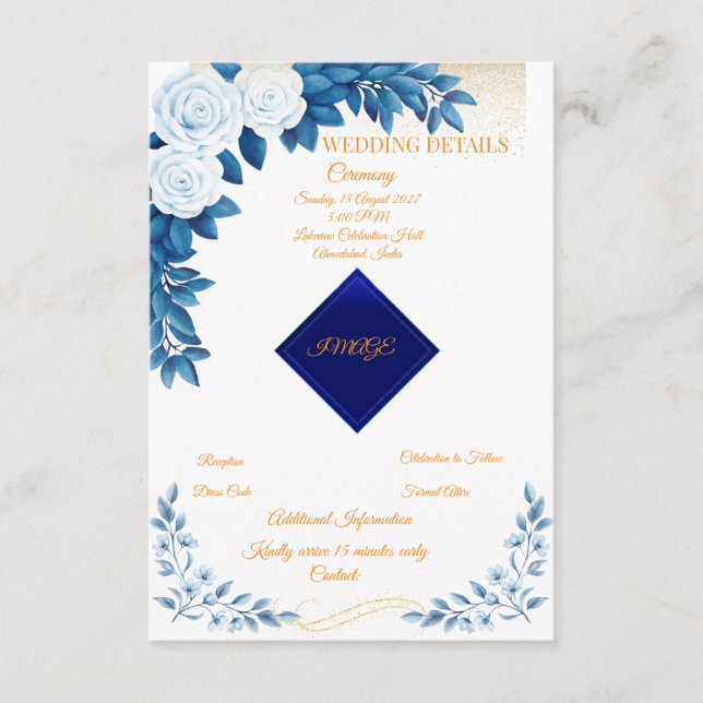 Elegant Blue Floral Wedding Details Card (Front)