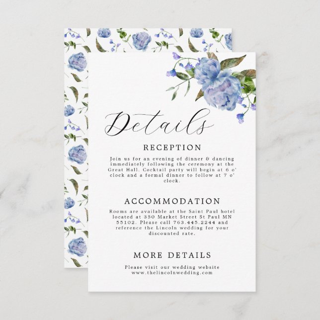 Elegant Blue Floral Wedding Enclosure Card (Front/Back)