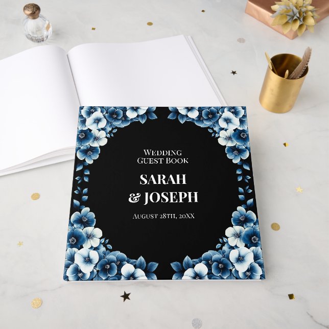 Elegant Blue Floral Wedding Guest Book (Front Open)