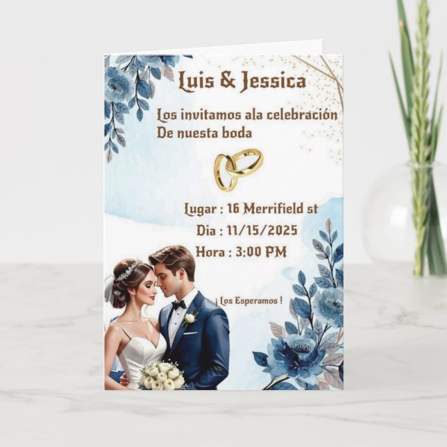 Elegant Blue Floral Wedding Invitation (Front)