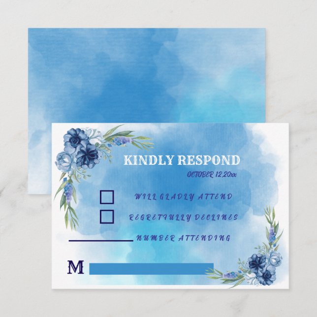 Elegant Blue Floral Wedding Invitation (Front/Back)