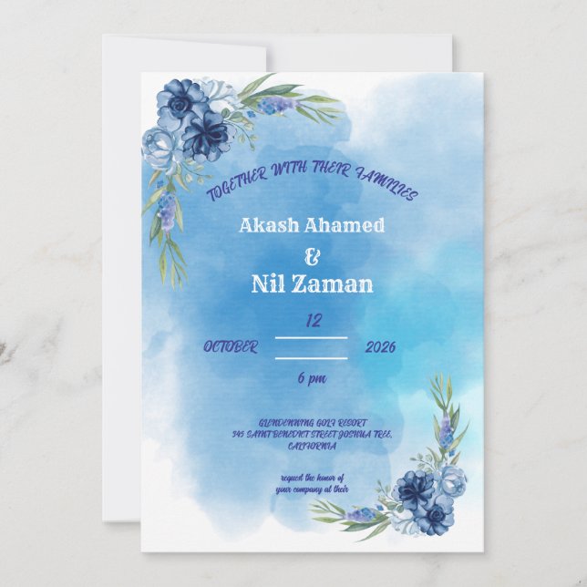 Elegant Blue Floral Wedding Invitation (Front)