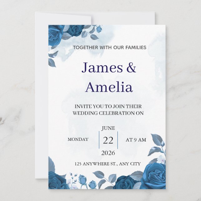 Elegant Blue Floral Wedding Invitation (Front)