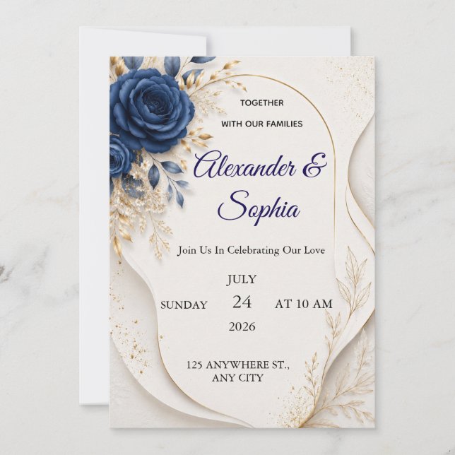 Elegant Blue Floral Wedding Invitation (Front)