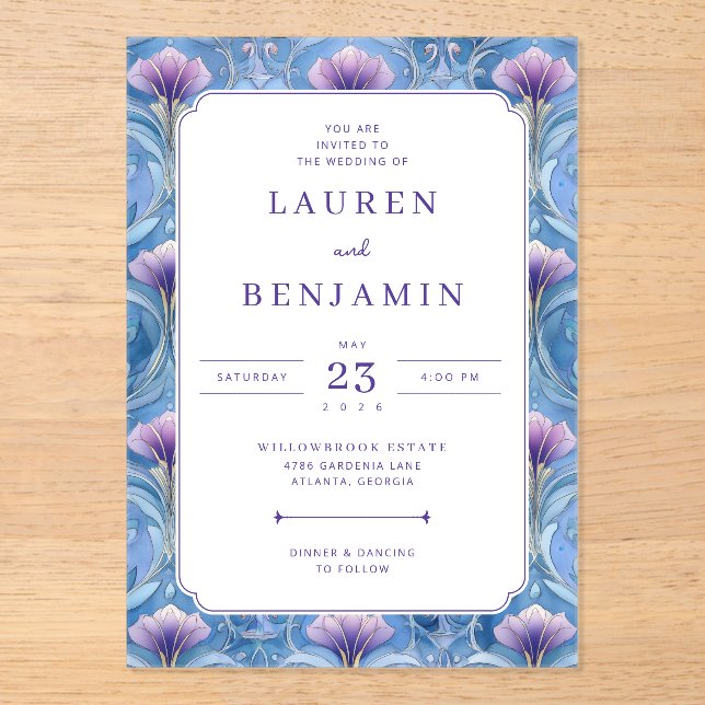 Elegant Blue Floral Wedding Invitation (Front)