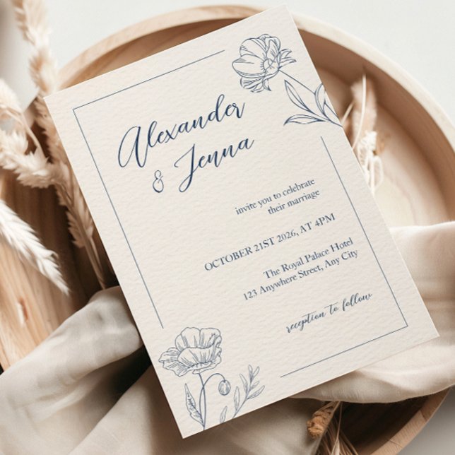 Elegant Blue Floral Wedding Invitation (Floral Wedding invitation, minimalist wedding invite)