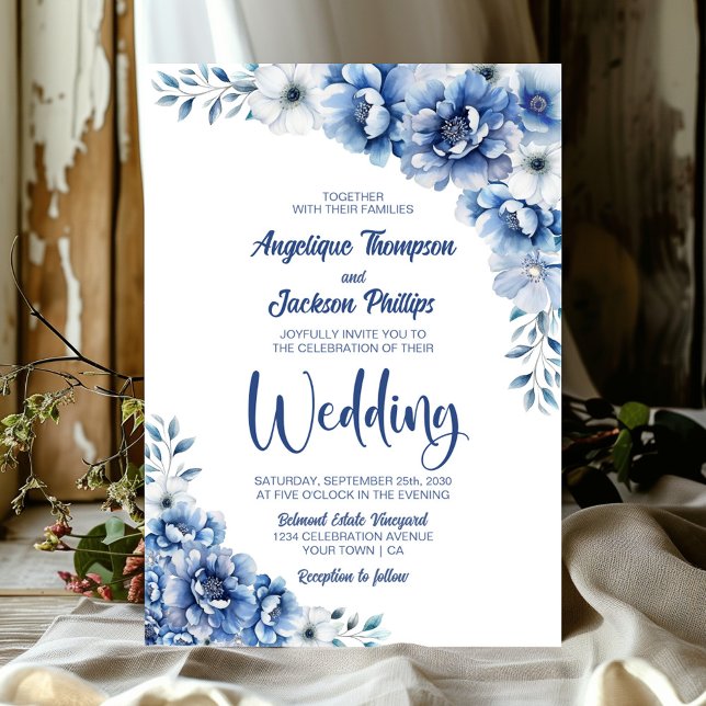 Elegant Blue Floral Wedding Invitation (Creator Uploaded)