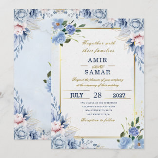 elegant blue floral wedding invitation